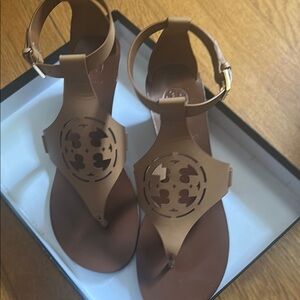 Tory Burch Tan Leather Sandals with Logo Medallion